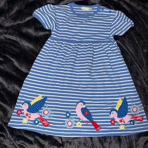 JoJo Maman Bebe Blue Striped Kids Dress with Bird Embroidery